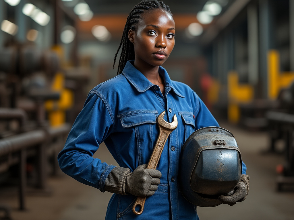 Diamond, a 35 year old female from Kenya, as a full-length body shot, looking off-camera, short hair in cornrows, wearing slightly soiled blue work coveralls, holding a pipe wrench in one hand and a welding helmet under her other arm, with a blurry factory background.